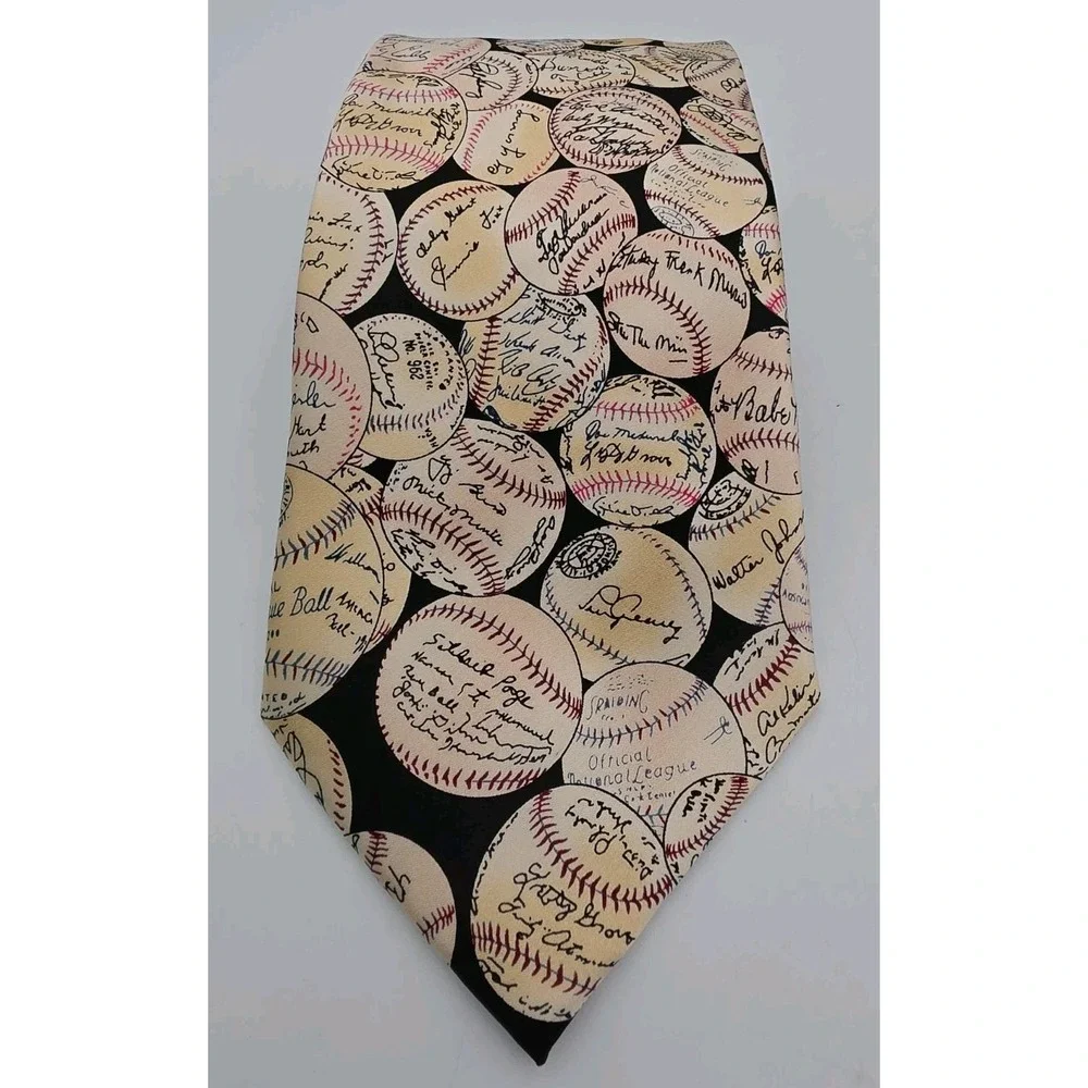 Museum Artifacts Baseballs Signatures 100% Silk Handmade Mens Neck Tie Ivory